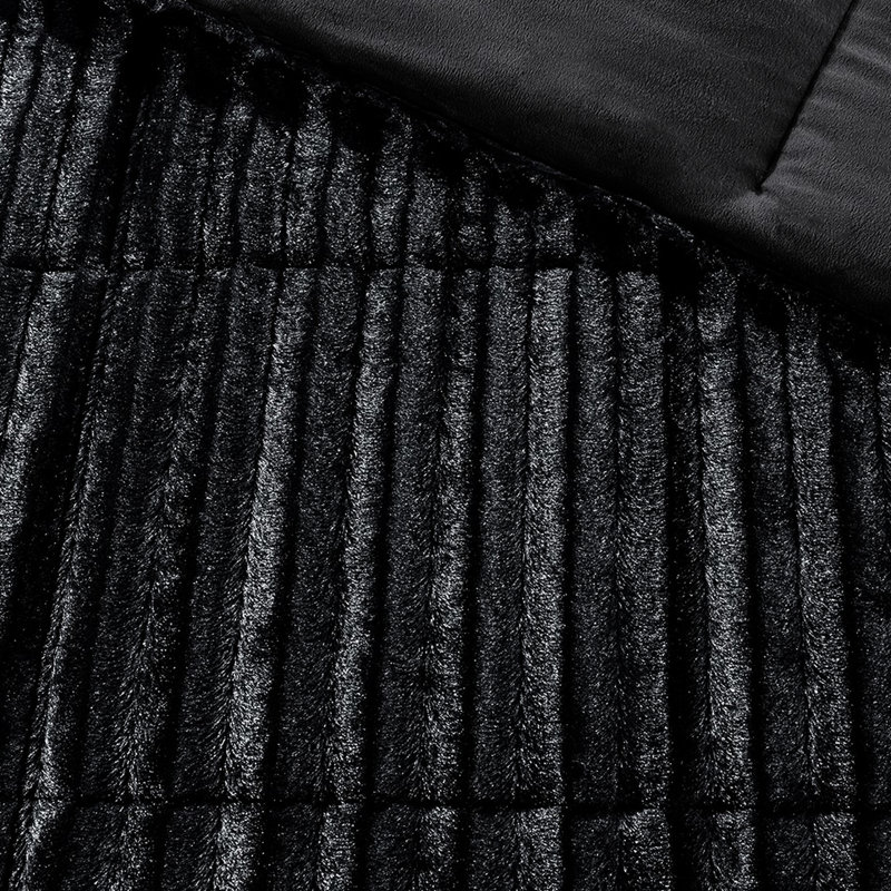 Très grand / très grand édredon noir en fausse fourrure, King Comforter + 2 Shams, Noir