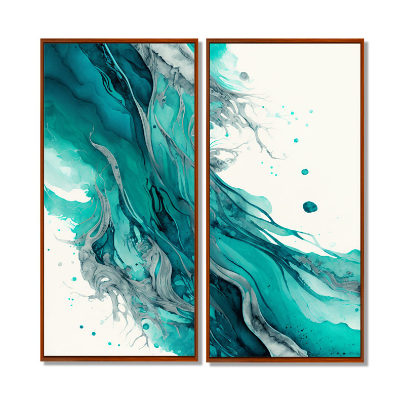 «Turquoise Waves In Paradise VII», art mural abstrait à l'encre liquide, 40" H x 40" W, Impression encadrée flottante, Brown