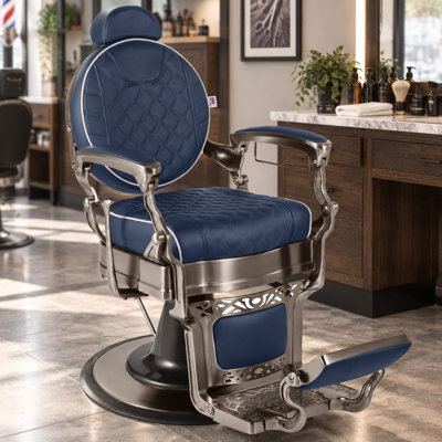 Dark Blue 360 Degree Rotatable Adjustable Height Reclining Barber Chair Faux Leather Salon Chair