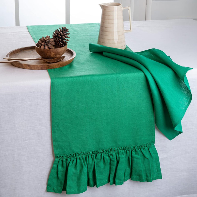 D'Moksha Homes Ruffle Linen Table Runner, Green, 90" Rectangle