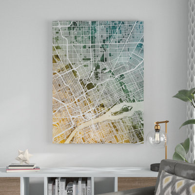 'Detroit Michigan City Map Teal Orange' Graphic Art on Wrapped Canvas