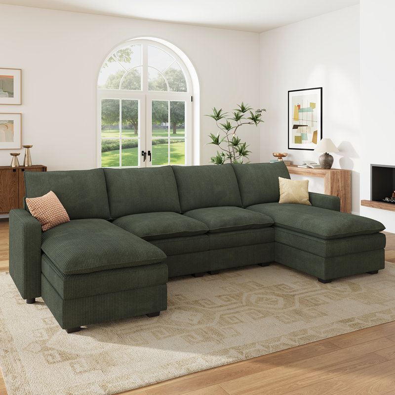 Abramson U-Shaped Corduroy Upholstered Sectional Comfy Cloud Couch, Green Corduroy