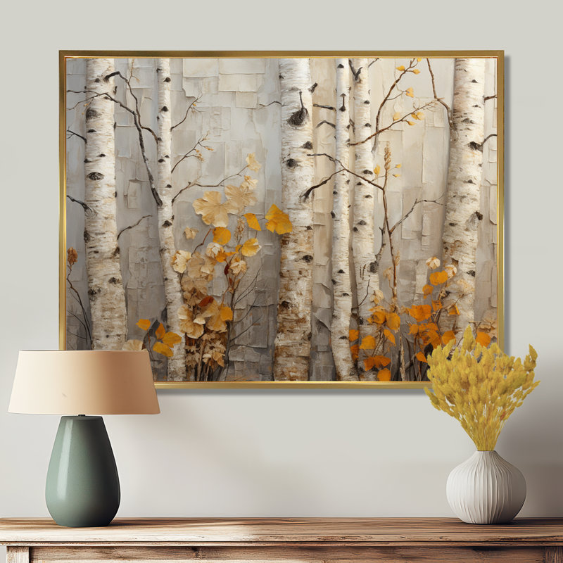 Élégance de bouleau d'automne - art mural grand arbre, Cadre flottant doré, H 16 po x l 32 po x P 1 po