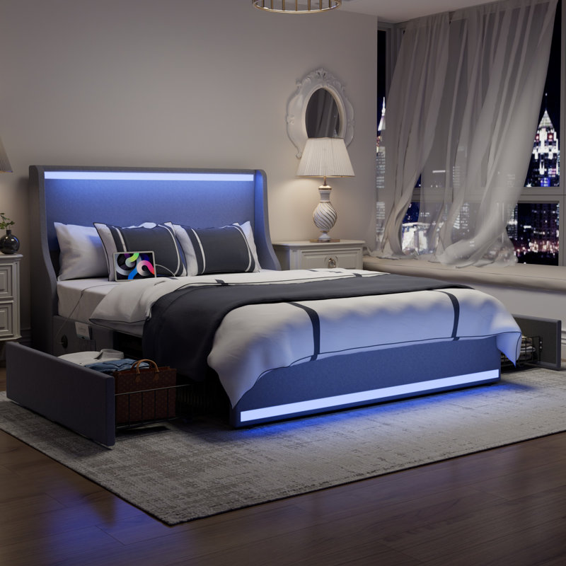 Queen Size Storage Platform Bed with Charging Station and Smart Control RGB LED Lights, Gray Upholstered Bed Frame with Storage Drawers, USB & Type-C Charging Ports, Soft Linen Padded Headboard, 2 Under-Bed Storage Drawers, No Box Spring Needed