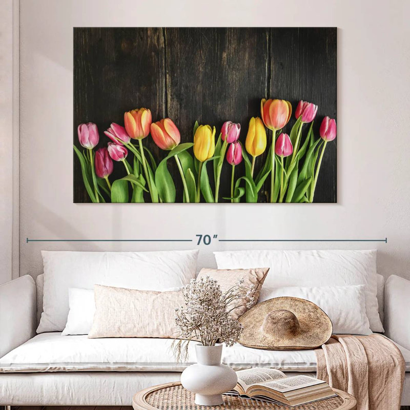 Harnek tulipes sur bois, H 34 po x l 51 po