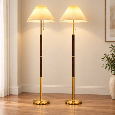 60" Modern Floor Lamp for Living Room & Bedroom, Tall Wood and Brass Standing Lamp with Pleated Fabric Shade, LED Reading Lamp with Pull Chain, Cozy Corner Floor Lamp for Office