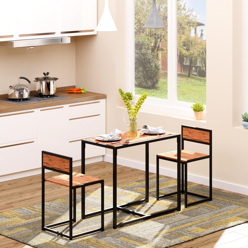 3 tables repas compactes pour 2 personnes, table et chaises de cuisine. Fabrication robuste avec base en acier. Rangement de chaise confortable à dossier bas. De table à rayures. Brun. Assemblage simple. L 35,5 po x l 18,5 po