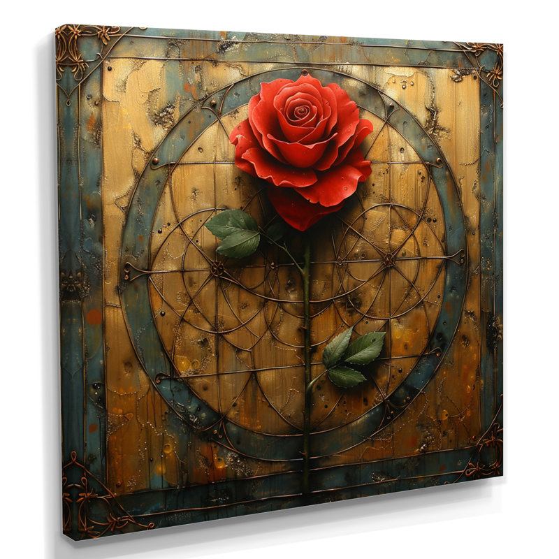 «Red Rose» géométrique rétro or II - rose, art mural, Toile tendue, H 16 po x l 16 po x P 1 po