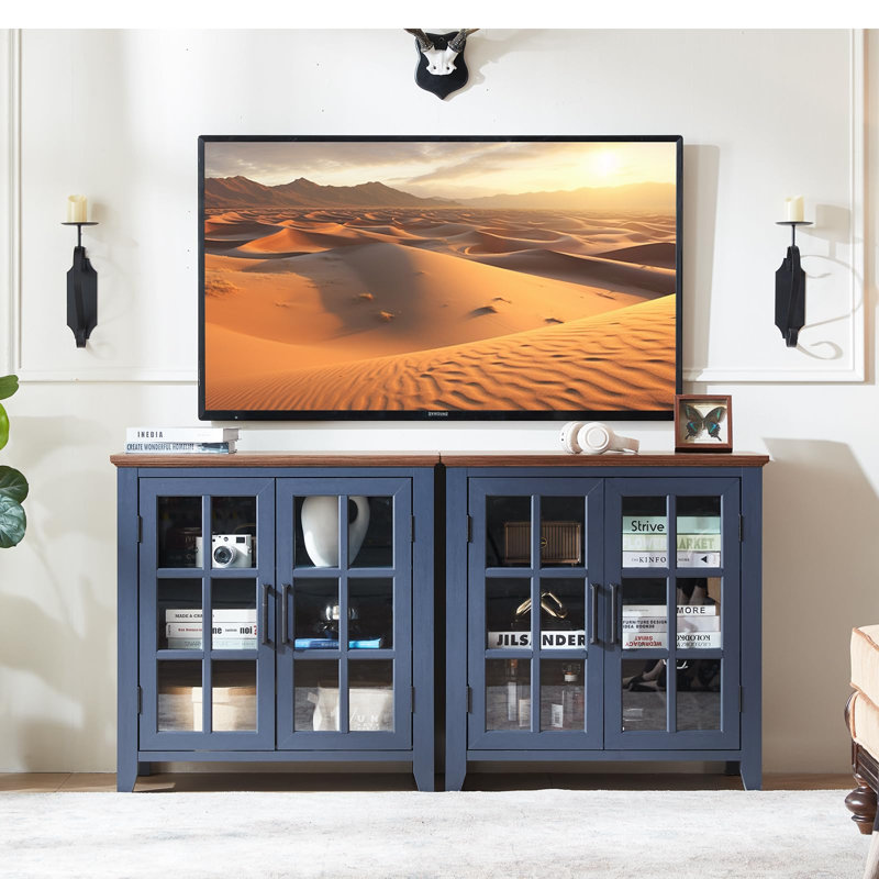 Farmhouse Sideboard Buffet Cabinet with 2 Glass Doors, Adjustable Shelves, Engineered Wood Coffee Bar Console Table, 2