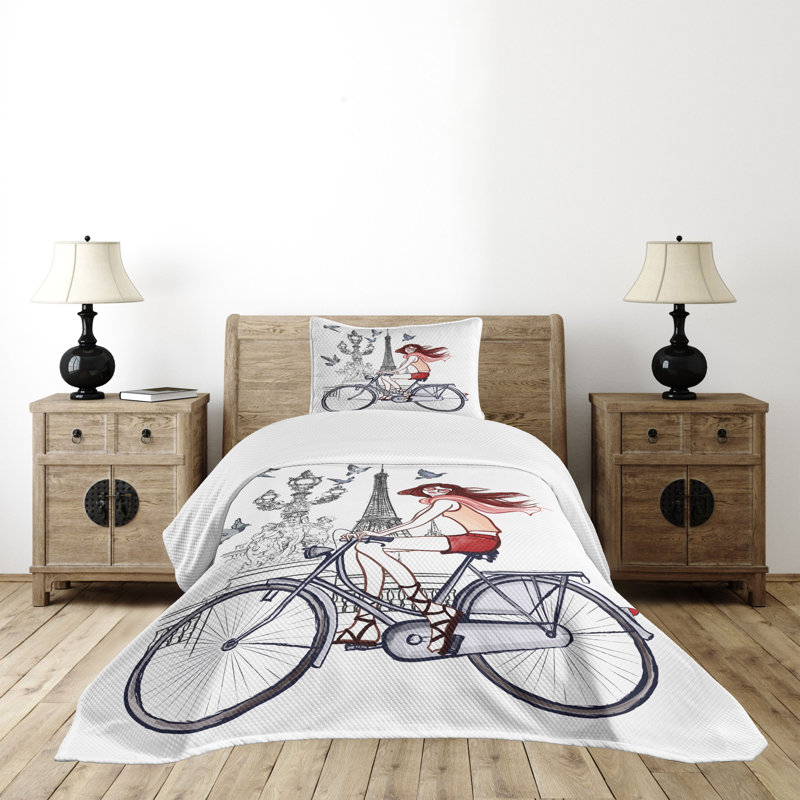 Parisian Girl Gray and Red Twin Bedspread Set