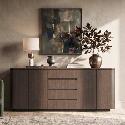 Buffet à 4 portes de 220 cm de large, avec 4 tiroirs et extrémités arrondies, brun foncé