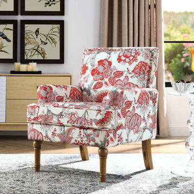 Accent Chair With Intricate Floral Pattern, Nailhead Trim, 9 - Inch Solid Wood Legs, High Density Foam Seat, Ideal For Home Office, 26.22 In Width Bol