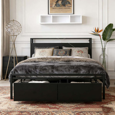 Full Size Bed Frame with Storage Headboard and 2 Drawers, LED Lights Bed with Charging Station