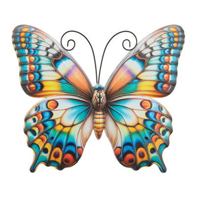 12" Garden Vibe Metal and Glass Floral Butterfly Wall Décor with Painted Wing Accents-Multi