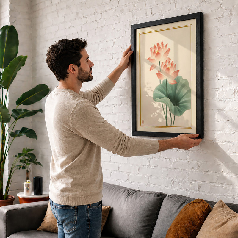 Lotus Blossoms Botanical - Framed Print, A3 - 42.0 x 29.7 cm, Walnut