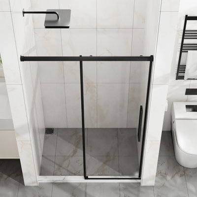 48" - 72" Semi- Shower Door, 6mm Thick Tempered Glass, Easy Coating, Matte Black Finish, Stainless Steel Rollers, Reversible Opening, Waterproof Performance, Smooth Operation For Bathroom Glass