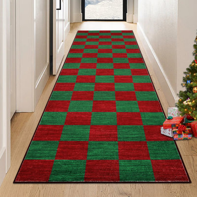 Washable Christmas Rug Checkered Decorative Carpet with Non-Slip Backing, Stain-Resistant Low Pile Floor Mats, Foldable Holiday Indoor Rug for Bedroom, Living Room, Nursery