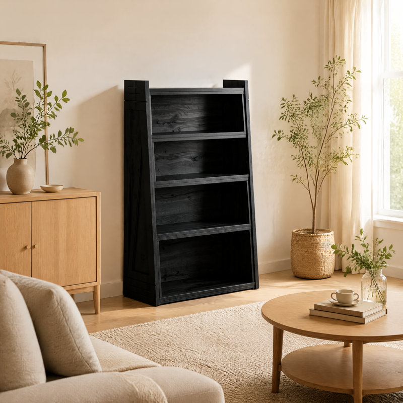 Bibliothèque en bois en forme de L à 4 niveaux, extensible jusqu'à 119 cm (47 pouces) pour les coins et les petits espaces, finition bois noir.