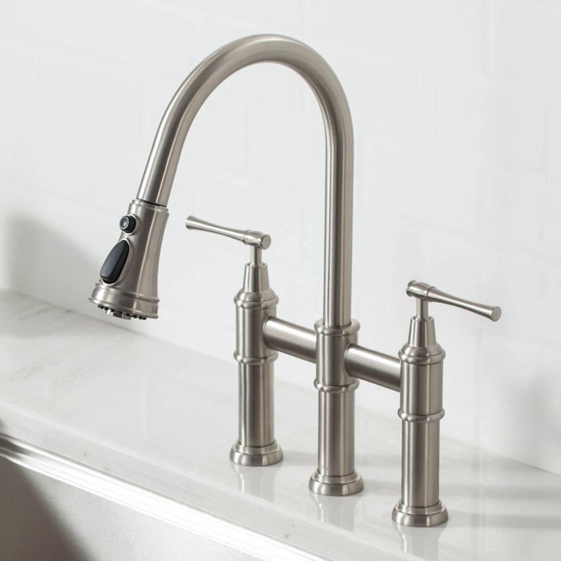 KRAUS Allyn Transitional Bridge Kitchen Faucet with Pull-Down Sprayhead, Spot Free Stainless Steel