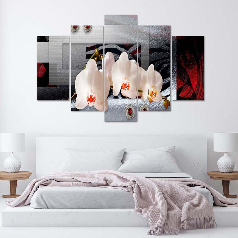 Abstract White Orchid - 5 Piece Wrapped Canvas Print, 100cm H x 200cm W