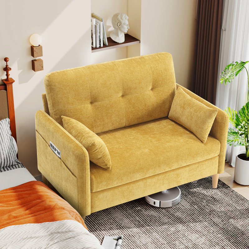 Canapé-lit George en chenille capitonné avec 2 coussins et poches de rangement George, Jaune