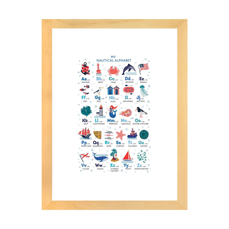 Nautical Alphabet - impression d'art graphique, H 24 po x l 16 po x P 1 po, Blanc, Papier avec cadre beige