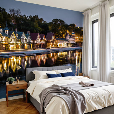 Peel and Stick Wallpaper boathouse row philadelphia night historic architecture Wall Murals 100"H x 144"W Removable PVC Wall Paper Self-Adhesive Wall Decor for Bedroom Living Room Home Office