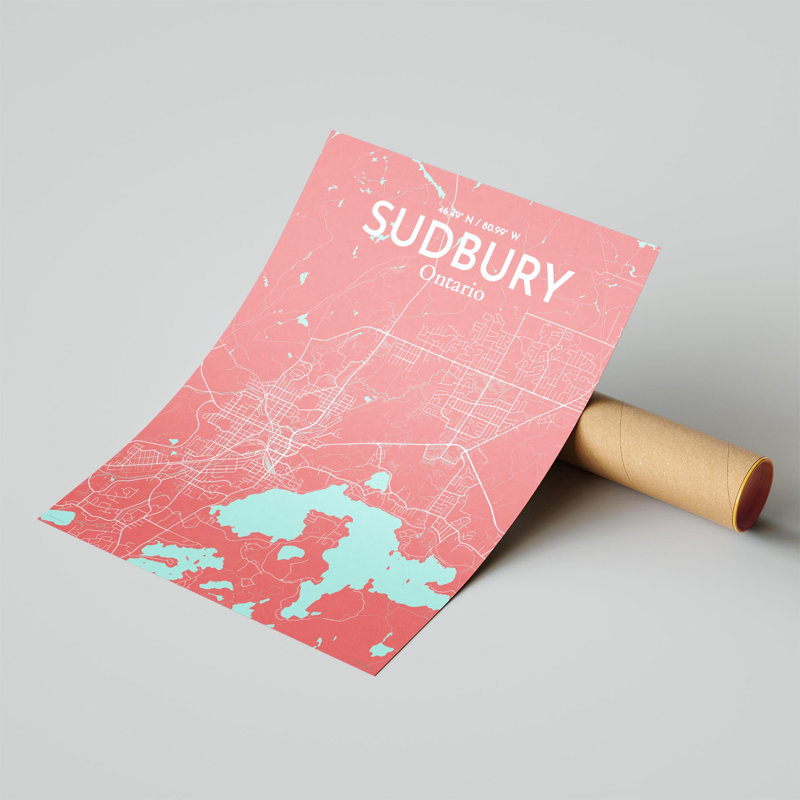 Sudbury City Map, impression, Rose / bleu pastel, H 20 po x l 16 po