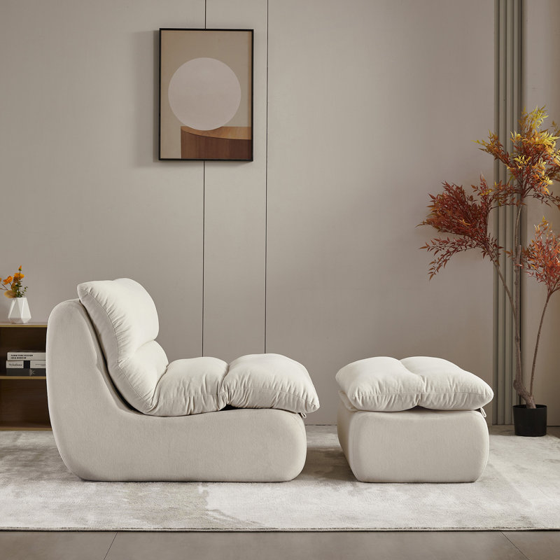 Armless Bean Bag Set With Ottoman (set Of 2), White Polyester