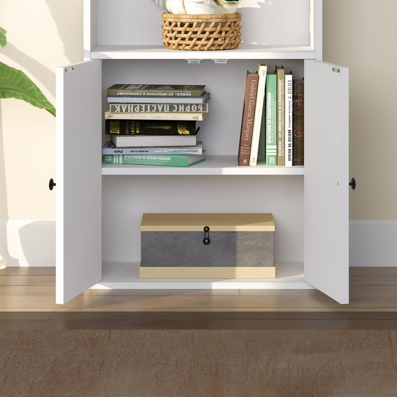 Bibliothèque à 6 niveaux et bibliothèque, étagères en bois avec portes d'armoire, Blanc
