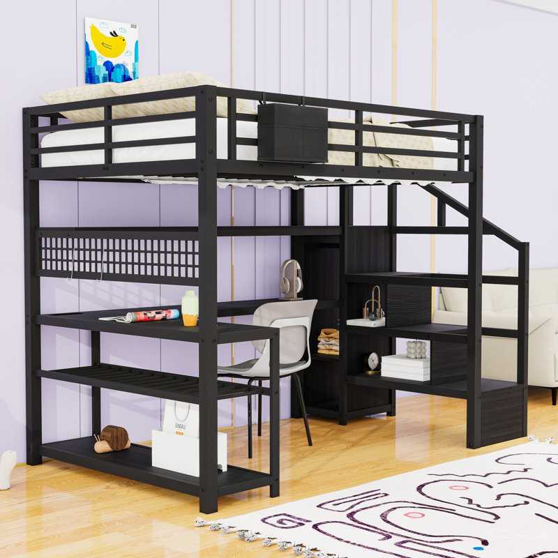 Full Loft Bed With Storage Stair, Wardrobe, L‑Shaped Desk, Shelves, LED Lights And Charging Station, Black