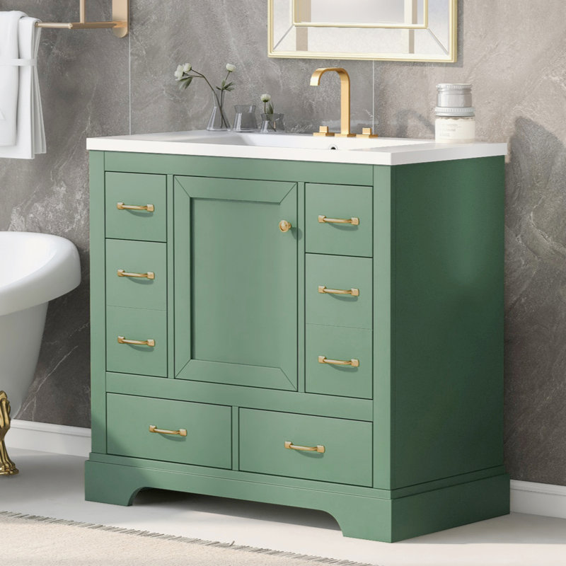 Ensemble de meuble-lavabo 36 po avec évier, six tiroirs, diviseur de tiroir multifonctionnel, tablette réglable, Vert