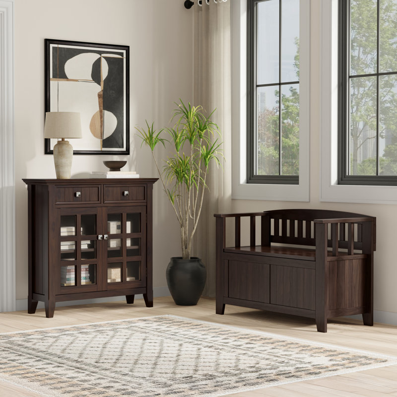 Petit banc de rangement en bois massif Acadian de 36 pouces de largeur et armoire de rangement de 36 pouces de largeur en brun brune