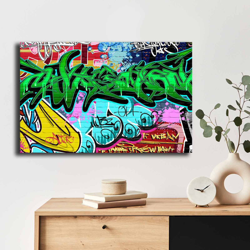 Toile murale encadrée en bois vert et jaune Street Graffiti - 27,6 po x 17,7 po