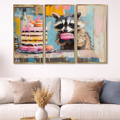 Sweet Macaron Bandit - Raton laveur, reproduction d'art sur toile 3 pièces