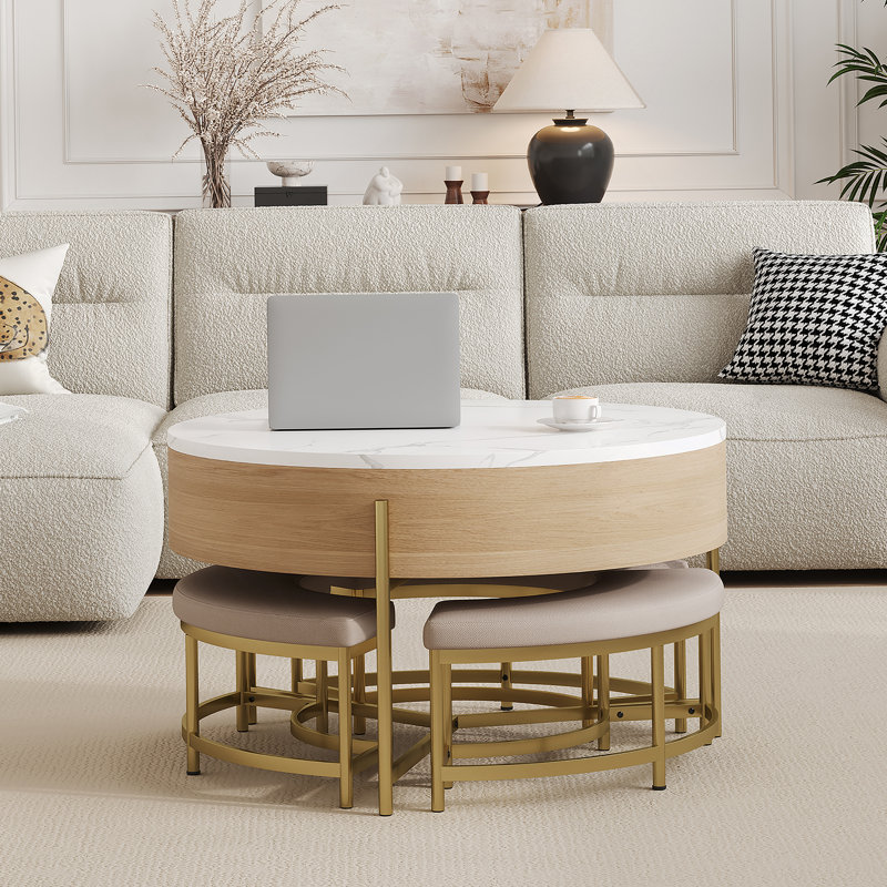Table basse moderne à plateau relevable avec rangement et 3 repose-pieds blanc et naturel