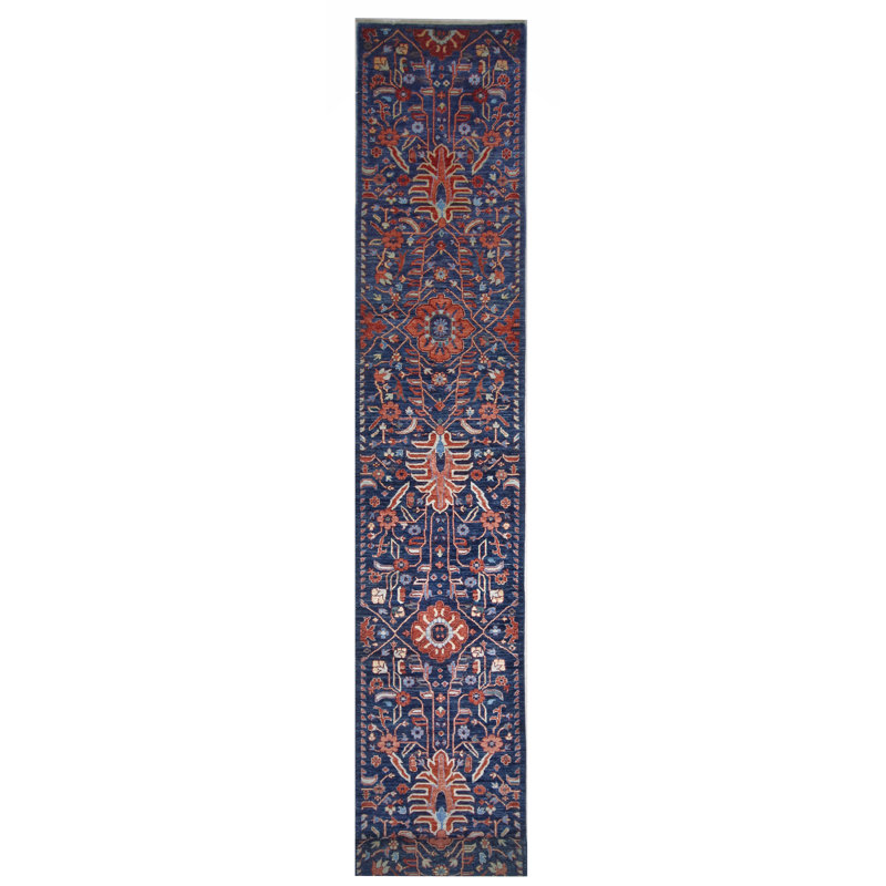 Hand Knotted Wool Area Rug in Navy, Runner 2'8" x 19'7"