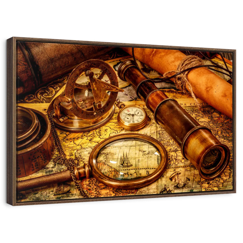 Old Nautical Navigation Tools, 13" X 9", Floating Frame Walnut