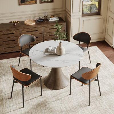 4-Person Dining Table Set With 43''/47''/53'' Round Table & 4 Leather Upholstered Side Dining Chairs