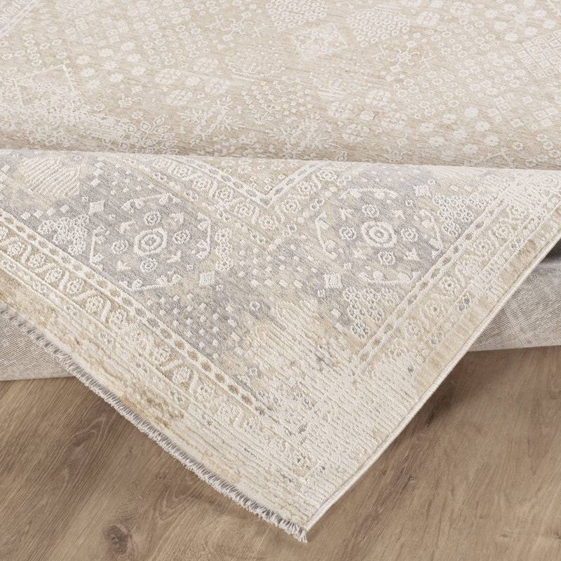 Mona Power Loom Polyester Geometric Area Rug in Beige/Light Blue, Runner 2'2" x 8'