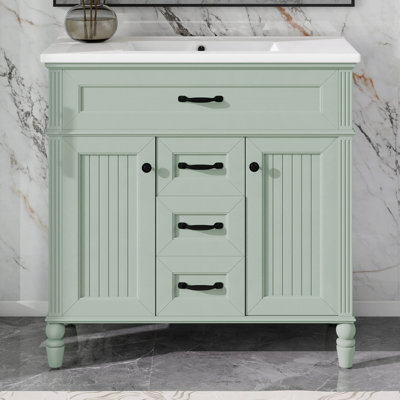 Meuble-lavabo 36 po avec lavabo en céramique, meuble-lavabo simple avec tiroir supérieur rabattable, portes à fermeture en douceur, 2 tiroirs de rangement