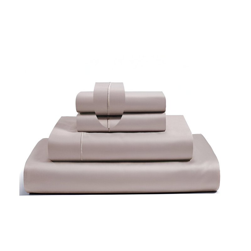 400TC Luxurious Single Embroidery Sateen Solid Cotton 4 Piece Sheet Set Fitted Sheet Fits Upto 16" Deep Pocket, Taupe