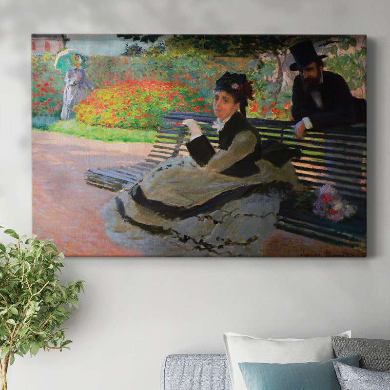 Camille Monet sur un banc de jardin - Toile tendue avec châssis, H 12 po x l 18 po