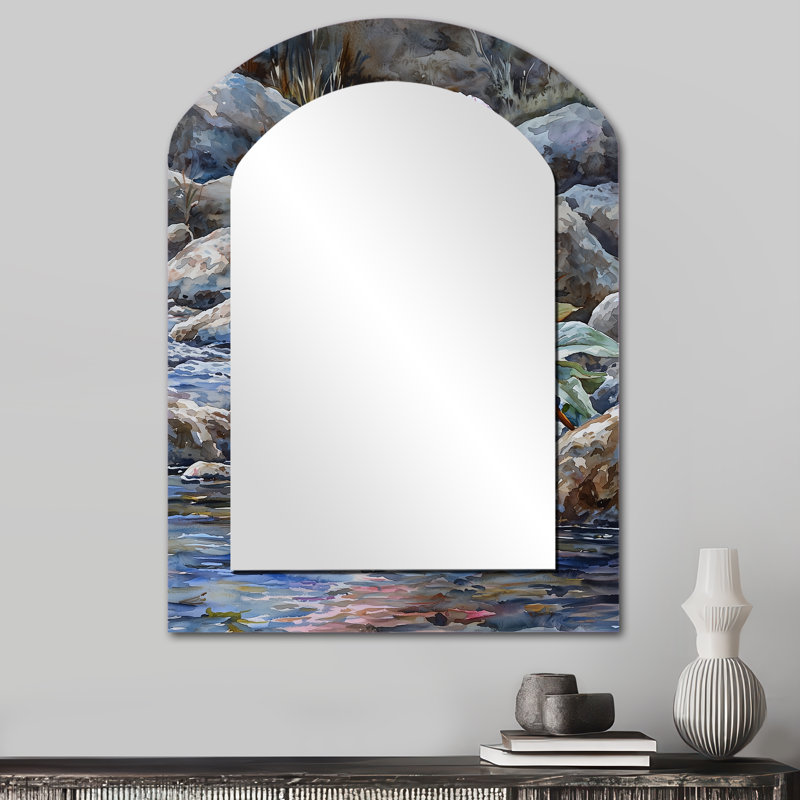 Pe pivoines et la rivière de la montagne I - miroir en arc de pivoines, miroir mural asymétrique rose unique, 34 po x 25 po