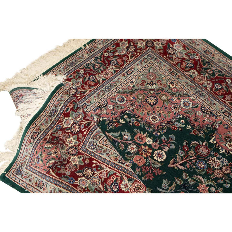 Tapis vert foncé / rouge / ivoire en laine noué à la main de conception unique 5 pi 11 po x 9 pi 10 po