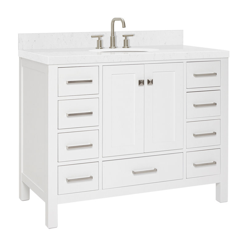 Cambridge 42.25'' Single Bathroom Vanity with Carrara Quartz Top, White / Brushed Nickel