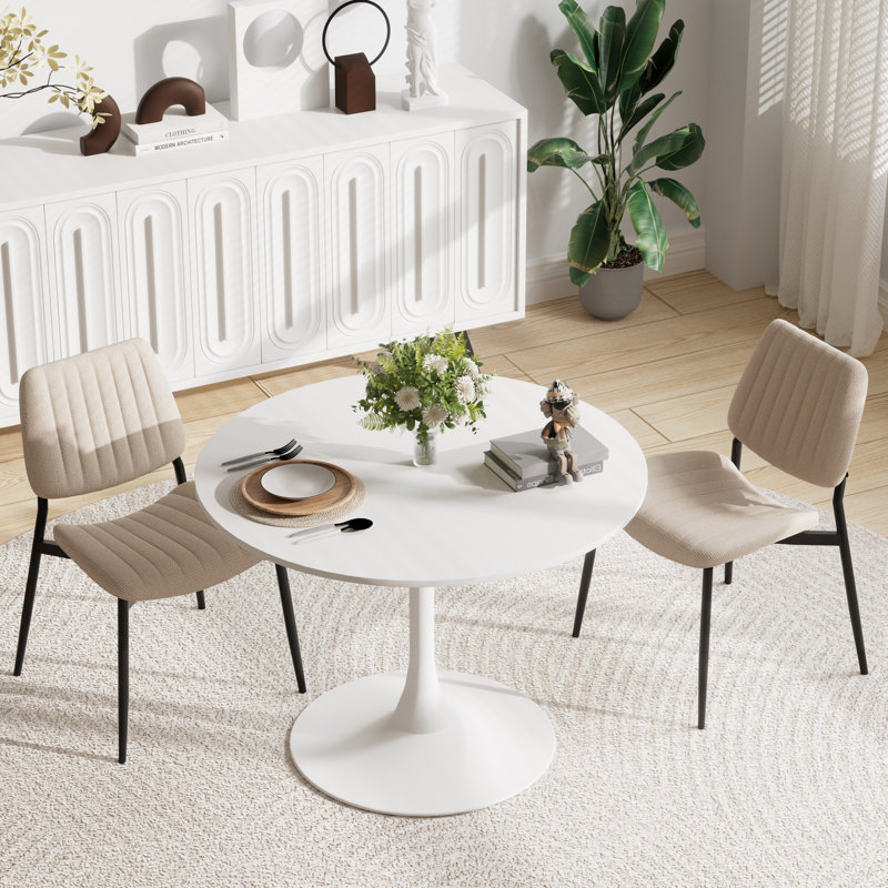 Modern Round 3 Piece Dining Room Table and Chairs Set, White, Beige, White