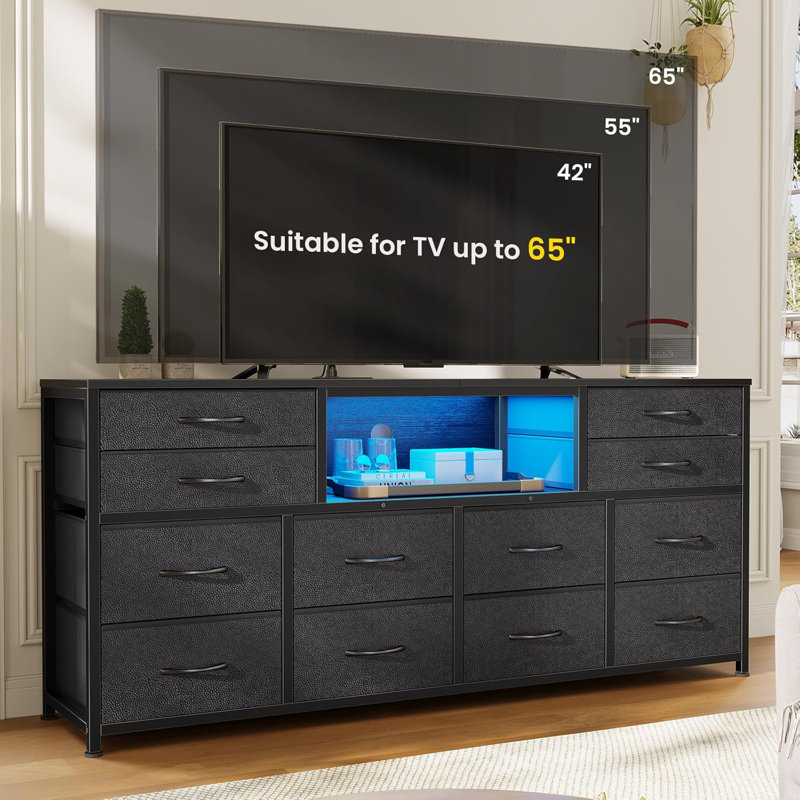 Led Tv Stand Dresser For Bedroom With Power Outlets, 55 Inch Entertainment Center With 12 Drawers, Black