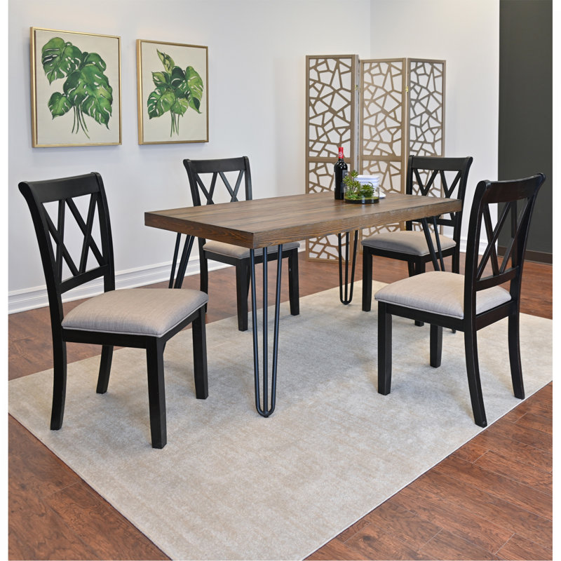 Ensemble de salle à manger 5 pièces, table à manger en épingle à cheveux avec 4 chaises à dossier croisé, noir riche
