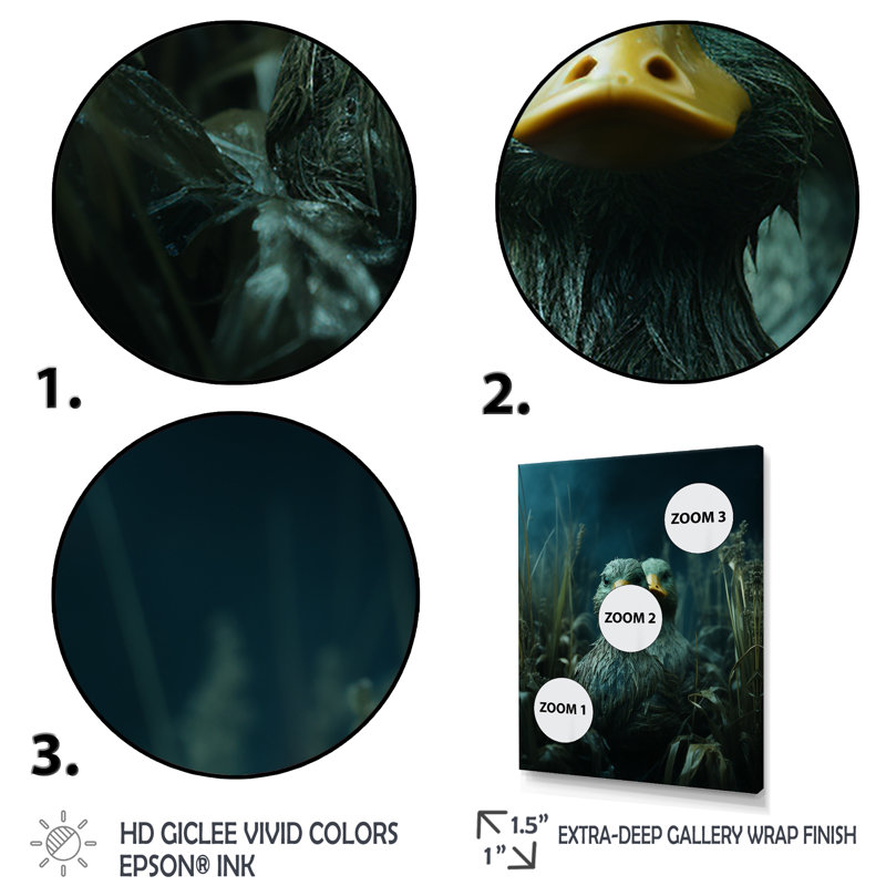 «Midnight Misty Marsh Duck» - Art mural animal canard, Cadre flottant noir, H 32 po x l 16 po